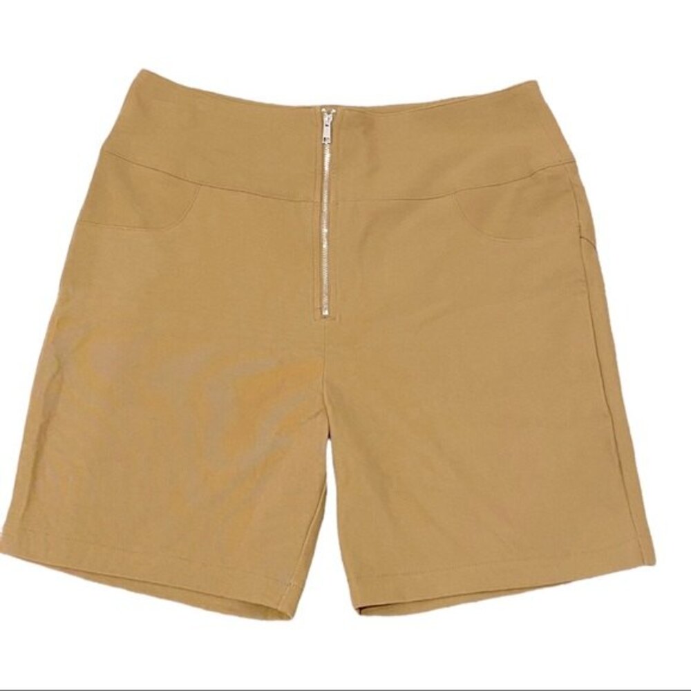 Danielle Bernstein Dark Tan Front Zip High Waist Casual Biker Shorts NWT 12
